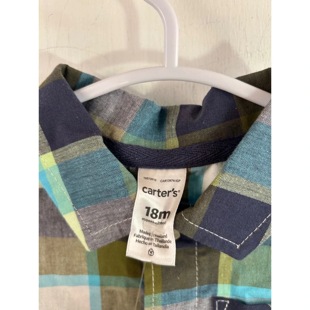 Carter's Plaid Romper 18M Blue Green Button Front Short Sleeve Baby Boy